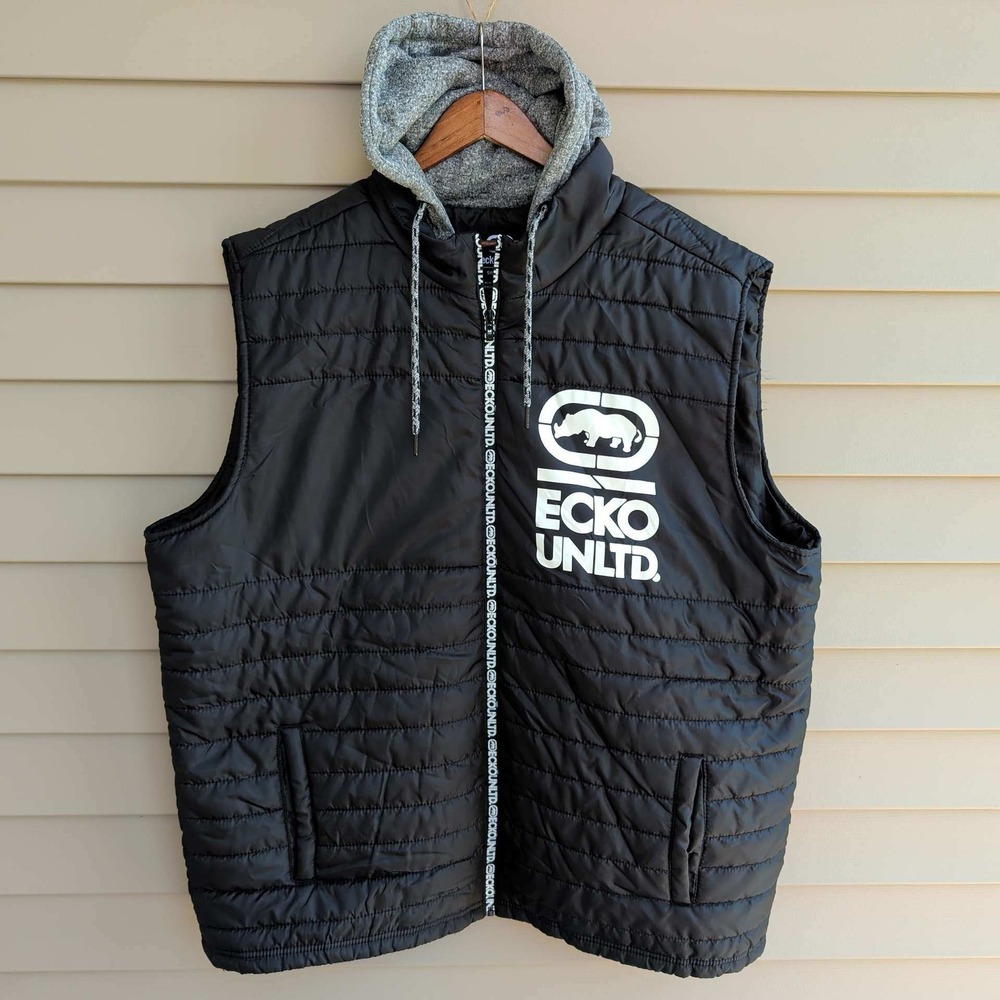 Ecko Unltd Puffer Vest Men 3XL Black Hooded Quilted Rhino Logo Zip Up